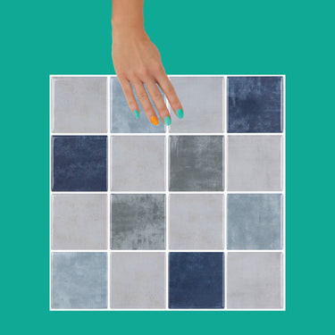 Blue, greige and green checkered tiles with white grout